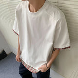 Men's Short Sleeve T-shirts New Summer Plaid Flanging Design Fake Two-piece Solid Color Trendy Male Pullover Tops