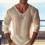 New Casual Pure Color Mens Long Sleeve Tees Spring Vintage V Neck Loose Pullover Tops Men Leisure Breathable Transparent T Shirt