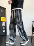 Men's Fashion Plaid Casual Pants Baggy Straight High Street Trousers Elastic Waist Drawstring Classic Male Clothing Trendy Brand