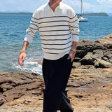 American Chic Striped Men Polo Sweater Luxury Trendy Business V Neck Knit Solid Color Pullover Leisure Slim Long Sleeve Knitwear