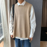 Solid Color Sweater Vest Men O-neck Loose Side-slit Button Oversize  Casual Knitwear Korean Style Students All-match Jumper