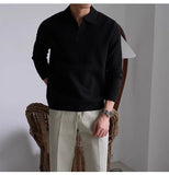 Men's American Retro Polo Sweater Luxury Trendy Business V Neck Knit Solid Color Pullover Leisure Slim-fit Long Sleeve Knitwear