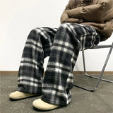 Winter Vintage Fleece Plaid Wide Leg Pants Men's Woolen Casual Thick Warm Pants Men Women Loose Straight Mopping Trousers