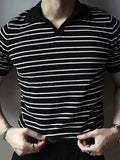 Vintage Striped Knit Polo Shirts Men Short Sleeve Casual Tops Spring Summer Mens Fashion Buttoned Turn-down Collar Slim T Shirt