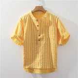 Simplicity Office Lady Casual T-Shirts Man Stand Collar Short Sleeve Button Men's Clothing Striped Straight Spring Summer