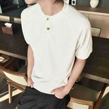 New Simple Men's Short Sleeved T-shirts Round Neck Button Design Casual Menswear Solid Color Loose Male Pullover Tee