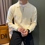 Autumn Casual Men Polo Sweater Light Luxury Zip-up Solid Color Long Sleeve Knitted Pullover Daily Commuting Basic Knitwear M-3XL