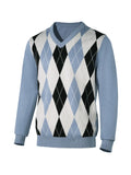 New Japanese Retro Men Sweater Luxury Trendy Plaid Patchwork V Neck Knit Solid Color Pullover Leisure Loose Long Sleeve Knitwear