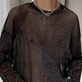 Man T-shirt Sheer Mesh Round Neck Long Sleeve Sexy Men's Clothing Tops Out Streetwear Party Thin Style Clothes