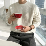 Mens Autumn Winter Korean Style Loose Round Neck Knitted Sweater Gender-Neutral Trendy Casual Solid Color Simple Sweater Unisex
