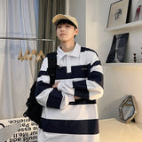 Striped Black T-shirts Men Preppy Stylish College Long Sleeve Harajuku Japanese Handsome Casual Baggy All-match Streetwear Cool