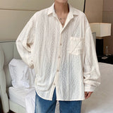 Shirts for Men Hollow Out Lapel Men Blouse Vacation Sexy Handsome Fashion Men Clothing Mesh Long-sleeved Shirts Black/Apricot