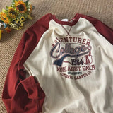 Vintage Oversized T-shirt for Men Contrast Color Raglan Long Sleeve Letter Print T Shirt Hip-hop American Retro Unisex Tops Tees