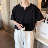 Summer Short-sleeved T-shirt Men Fashion Casual Black White Pleated Tshirt Men Streetwear Korean Loose V-neck T Shirt Men Tops