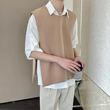 Vest for Men Loose Casual All-match Spring Autumn Advanced Side-slit Solid Color Korean Style Simple O-neck Button Designer Soft