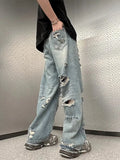 American hip-hop straight leg men and women trend summer personality destruction jeans couple loose retro Harajuku casual pants