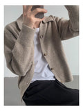 New Korean Fashion Men Cardigan Jacket Light Luxury Knitted Polo Neck Long Sleeve Sweater Coat Casual Retro Solid Color Knitwear