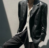 American Leather Jacket Retro Outfit Handsome High-end Men's Niche Shoulder Pad Suit Black PU Leather Jacket Chic Streetwear