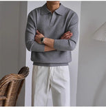 Men's American Retro Polo Sweater Luxury Trendy Business V Neck Knit Solid Color Pullover Leisure Slim-fit Long Sleeve Knitwear