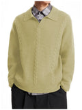 New American Retro Men Polo Sweater Luxury Trendy Jacquarded V Neck Knit Solid Color Pullover Leisure Loose Long Sleeve Knitwear