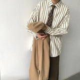 Men Vintage Set Spring Autumn Couple Casual Suits New Stripe Loose Long Sleeve Shirt+High Street Wide Leg Pants Two Piece Set