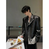 American Leather Jacket Retro Outfit Handsome High-end Men's Niche Shoulder Pad Suit Black PU Leather Jacket Chic Streetwear
