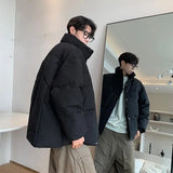 New Winter Silk-like Cotton Jackets Men Fashion Thicken Warm Parkas Couple Streetwear Loose Casual All-match Bread Coat