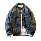 Spring Autumn Old Blue Loose Large Pocket Stand Collar Denim Jacket Men's Retro American High Street Zipper Jacket Top Urban