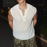 Summer Fashionable Mens Mesh Tank Tops Sexy Transparent Hollow Out Knit Camisoles For Men Casual Sleeveless Buttoned Vests