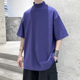Men Tshirt Solid Streetwear Turtleneck Hip Hop Male Oversized T shirts Man Casual Short Sleeve Top Tees Black/White/Purple