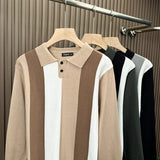 British Retro Men's Knitted Polo Shirt Light Luxury Patchwork Slim-fit Long Sleeve T-shirts Autumn Leisure Business Tops M-3XL