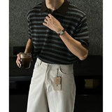 Summer Lapel Short Sleeved T-shirt Men Slim Fit Casual Striped T Shirt Men Streetwear Korean Knitted T Shirt Mens Polo Shirt