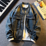 Spring Autumn Old Blue Loose Large Pocket Stand Collar Denim Jacket Men's Retro American High Street Zipper Jacket Top Urban