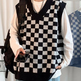 Sweater Vest Men Daily Spring New All-match Students Simple Plaid Fashion Korean Style Knitting V-neck Popular Soft Retro Ins