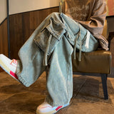 Multi-pockets Ribbons Jeans Men Wide Leg Denim Pants Straight Baggy Men's Cowboy Hip Hop Streetwear Neutral Mopping Trousers