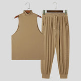 Men Sets Solid Color Streetwear Turtleneck Sleeveless Tank Tops & Drawstring Pants 2PCS Fashion Men's Casual Suits