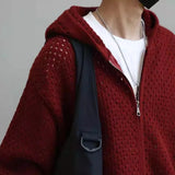 Y2K Mens Hollow Solid Color Knitted Breathable Hooded Sweater Autumn Student Campus Trend Japanese Outerwear Men's Clothing 