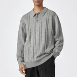 New Men American Retro Polo Neck Sweater Luxury Knit Long Sleeve Pullover Casual Solid Color Streetwear Jacquard Knitwear M-3XL