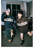 American Retro Striped Coat Contrasting Color Spliced Leather Jacket Japanese Spring Couple Racing Style Leather Jacket Chic