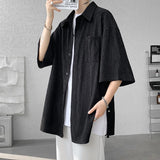 Wine Red Side Buttons Pleated Shirt Black Apricot Harajuku Button Up Korean Short Sleeve Aesthetic Male Shirts Men Blouse