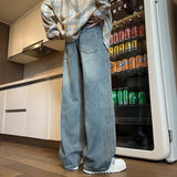 Men Denim Pants Elastic waist pull rope Straight Droop Vintage Loose Bottom Straight Wide Leg Casual Male Trousers Korean Style