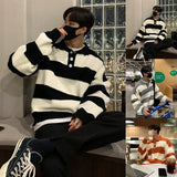 New Fashion Striped Men Polo Sweater Light Luxury Korean Popular Knitwear Premium Quality Long Sleeve Pullover Trendy Streetwear