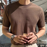 Summer Casual Mens Ice Silk Knit Tops Leisure Breathable Solid Color Slim Knitting T Shirts Men Fashion Short Sleeve Tees