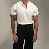 Men Clothing Luxury Knit Zipper Short-sleeved T Shirt Henry Collar Solid Color Leisure Korean Popular Streetwear Retro Knitwear