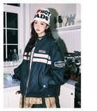 American Retro Striped Coat Contrasting Color Spliced Leather Jacket Japanese Spring Couple Racing Style Leather Jacket Chic