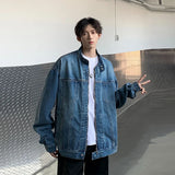 New High Street Men's Zip-up Denim Jackets Casual Washed Streetwear Stand Collar Texture Korean Harajuku Retro Long Sleeve Coats
