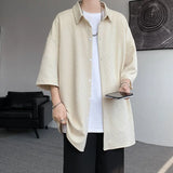 Spring Summer Loose Jacquard Shirt Mens Short Sleeve Lapel Casual Tops Korean Style Fashion Clothing For Men Streetwear 5XL-M