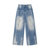 New Summer Men's Denim Pants Washing Dirty-dying Contrast Color Straight Bottom Wide Leg Male Jeans Korean Style
