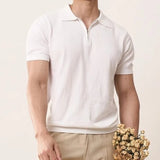 Stylish Mens Solid Color Polo Shirts Summer Fashion Slim Fit Zip-up Polo Collar Shirt For Men Casual Short Sleeve Pullover Tops