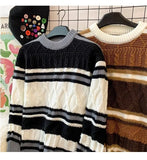 American autumn and winter street fashion personalized jacquard round neck pullover for couples loose retro color blocked knit